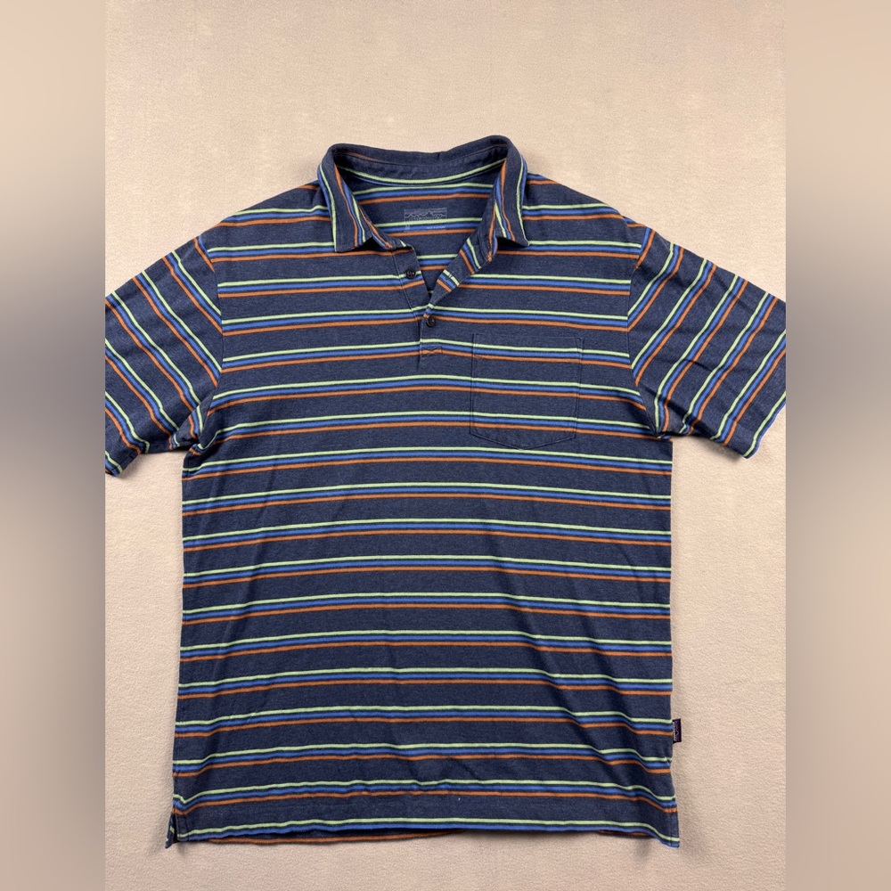 Patagonia Daily Polo Shirt Mens Medium Blue Striped Organic Cotton Gorpcore Hike